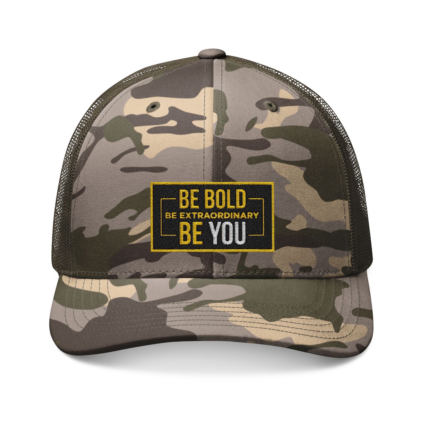 Camouflage Trucker Hat with 'Be Bold, Be Extraordinary, Be You' Embroidery, Outdoor hat, Casual wear, Gift for adventurers, Trendy headwear